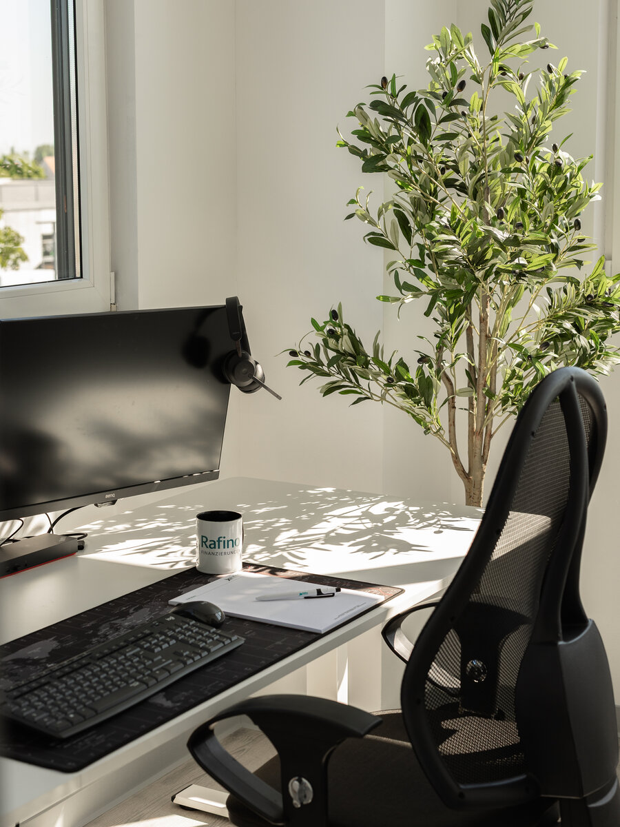 Arbeitsplatz am Fenster mit Monitor und Olivenbaum